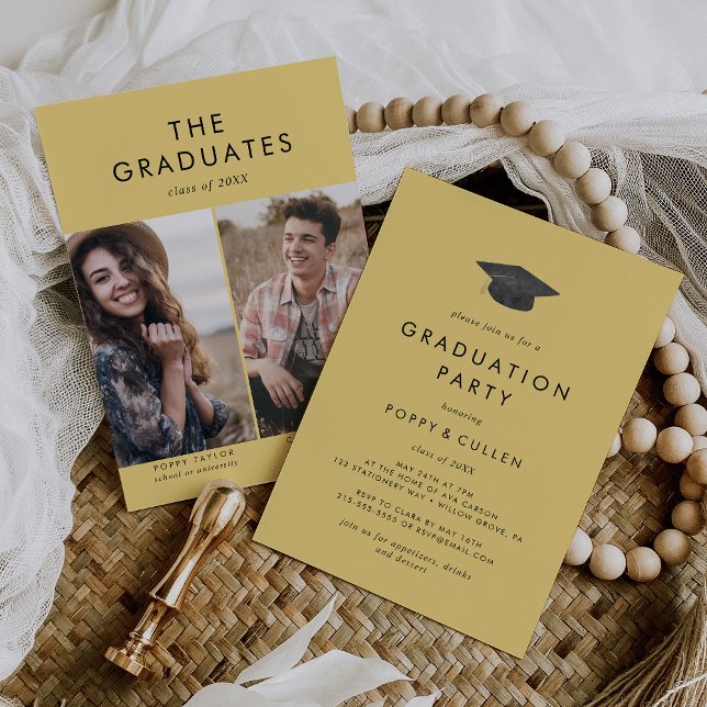 Invitation Chic Yellow Grad Casquette Photo Double Graduation (Créateur téléchargé)