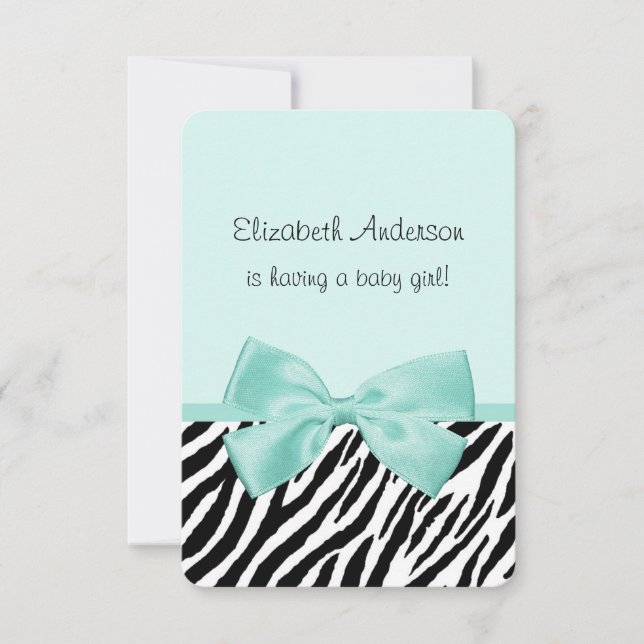 Invitation Chic Zebra Aqua Mint Ribbon Girl Baby shower (Devant)