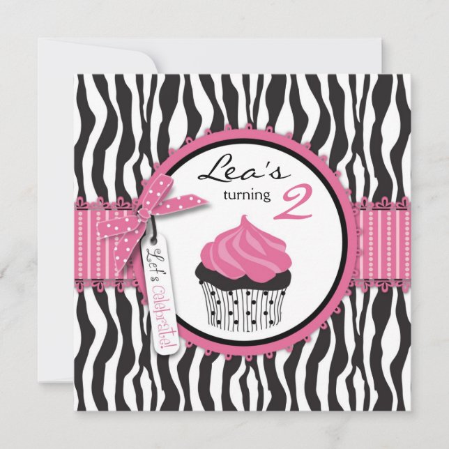 Invitation Chic Zebra Print & Cupcake Anniversaire (Devant)