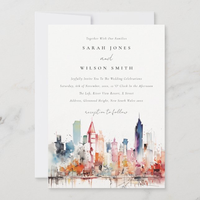 Invitation Chicago Illinois Aquarelle Paysage Mariage (Devant)