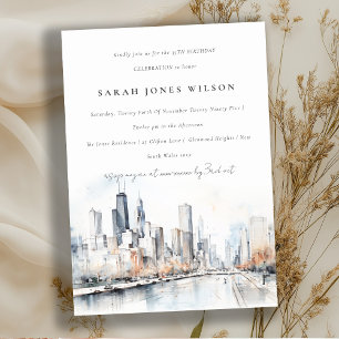 Invitation Chicago, Illinois City Scape Watercolor Anniversai