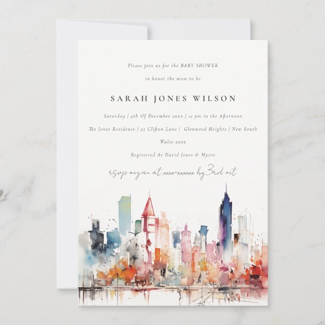 Invitation Chicago Illinois Watercolor Landscape Baby Shower (Devant)