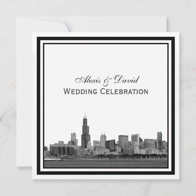 Invitation Chicago Skyline #2 Gravé Cadre Mariage (Devant)