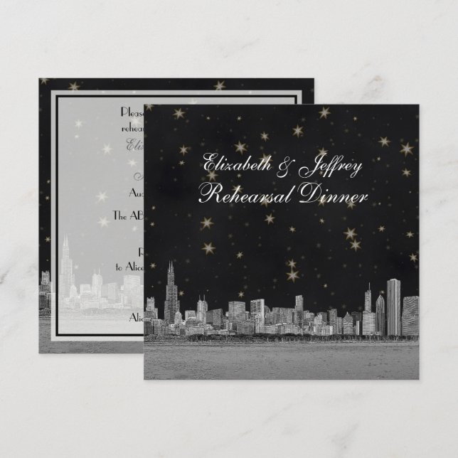Invitation Chicago Skyline Black Gold Star S Répétition (Devant / Derrière)