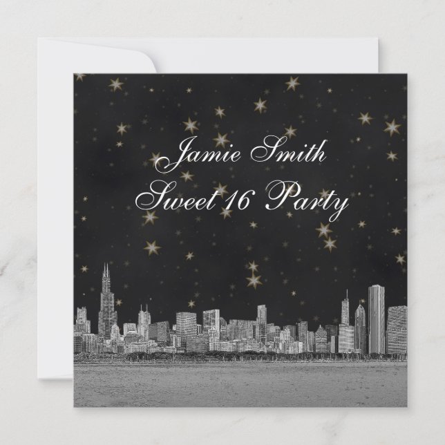 Invitation Chicago Skyline Black Gold Star Sweet 16 (Devant)