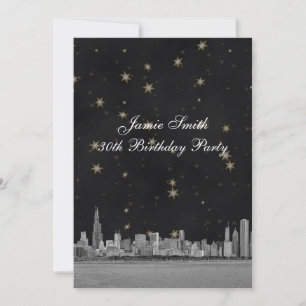 Invitation Chicago Skyline Blk Gold Star fête d'anniversaire 