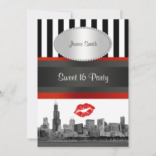 Invitation Chicago Skyline BW Blk Wht Strp Red Kiss Sweet 16