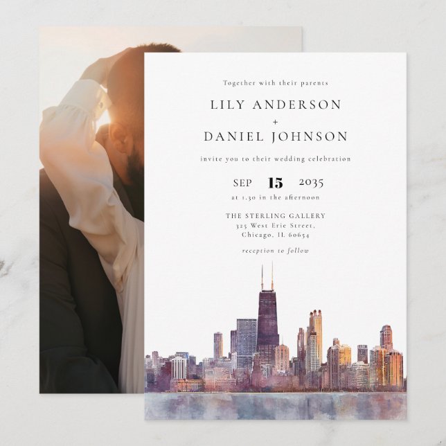 Invitation Chicago Skyline Destination Photo Wedding (Devant / Derrière)