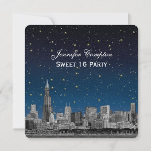 Invitation Chicago Skyline Etch Blue Starry SQ Sweet 16