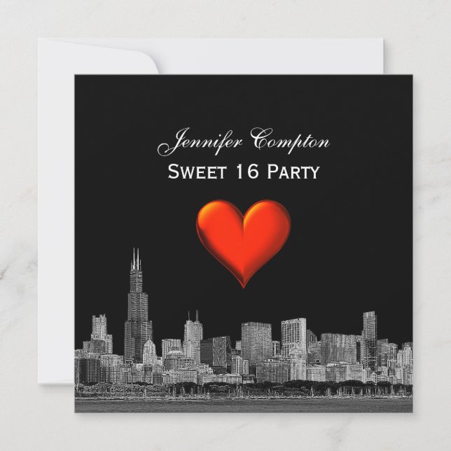 Invitation Chicago Skyline Etch DIY BG Red Heart SQ Sweet 16 (Devant)