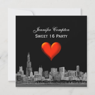 Invitation Chicago Skyline Etch do-it-yourself BG Red Heart S