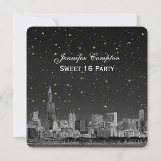 Invitation Chicago Skyline Etch Gray Starry SQ Sweet 16