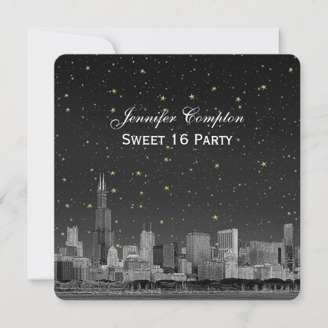 Invitation Chicago Skyline Etch Grey Starry SQ Sweet 16 (Devant)