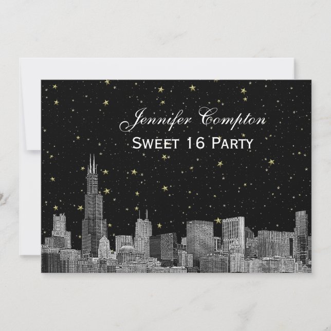 Invitation Chicago Skyline Etch Starry DIY BG SQ Sweet 16 H (Devant)