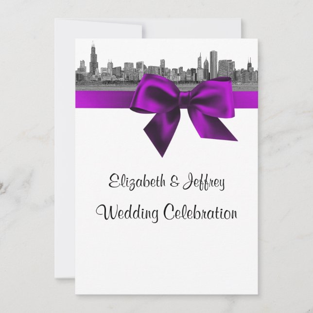 Invitation Chicago Skyline Etched BW Violet Mariage (Devant)