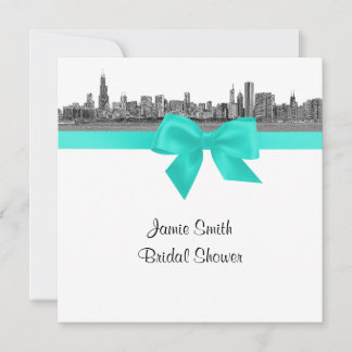 Invitation Chicago Skyline Gravé BW Aqua SQ Réception de Mari