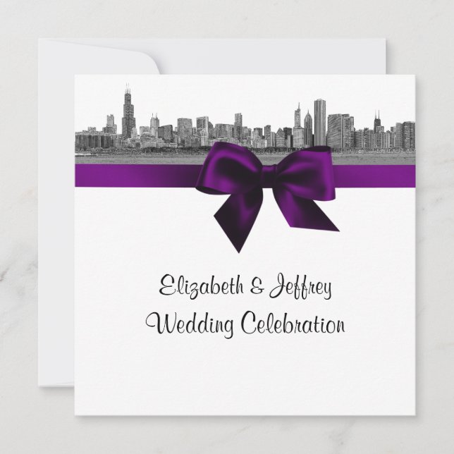 Invitation Chicago Skyline Gravé BW SQ Violet Mariage (Devant)
