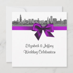 Invitation Chicago Skyline Gravé BW SQ Violet Mariage