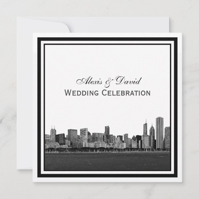 Invitation Chicago Skyline Gravé Cadre Mariage (Devant)
