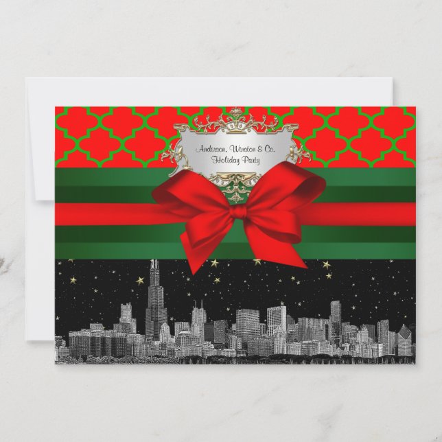 Invitation Chicago Skyline, Red Green Quatrefoil Xmas (Devant)