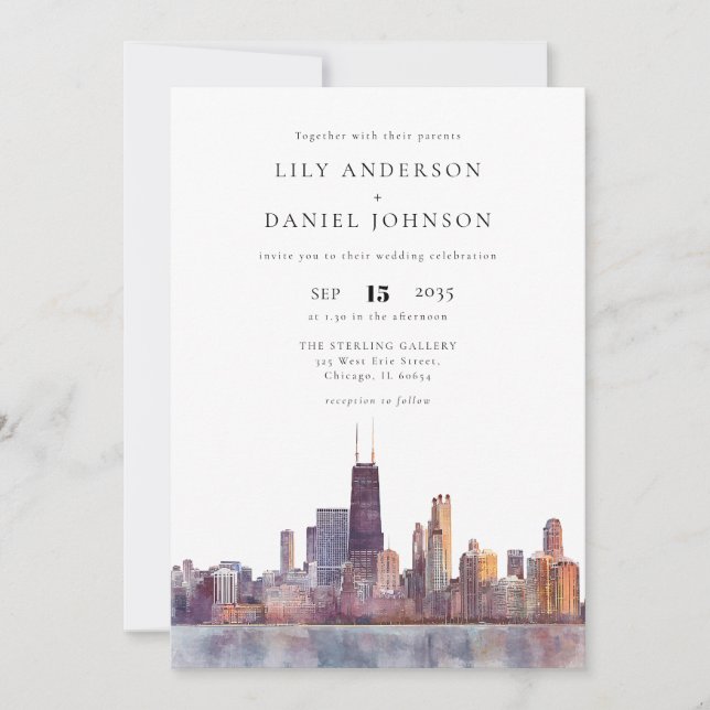 Invitation Chicago Skyline Watercolor All In One Wedding (Devant)