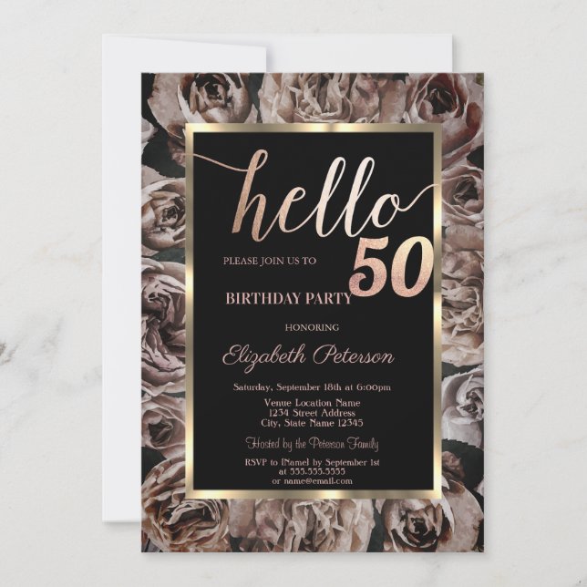 Invitation ChicDark Roses Black Fête d'anniversaire 50 ans (Devant)