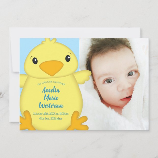 Invitation Chick Baby shower bleu ressort (Devant)