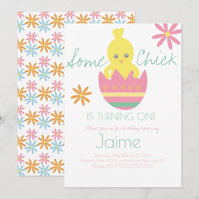 Invitation Chick Easter Turning One Birthday (Devant / Derrière)