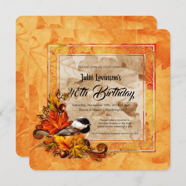 Invitation Chickadee & Golden Feuilles d'automne fête d'anniv (Devant / Derrière)