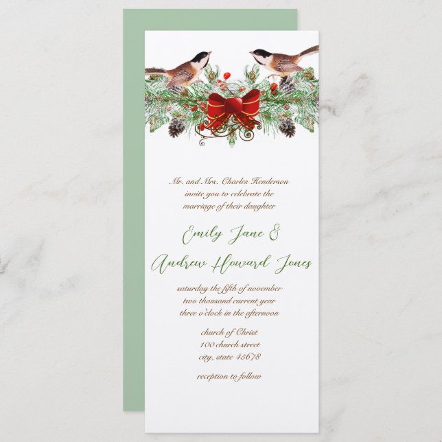 Invitation Chickadee Inséparables vintages. Mariage de Noël (Devant / Derrière)