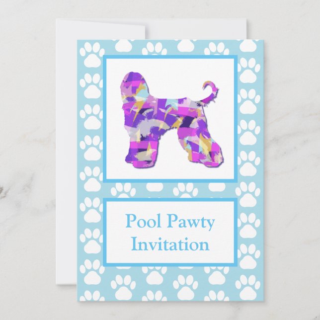 Invitation Chien Afghan Hound Silhouette Pool Pawty Bleu PPY& (Devant)