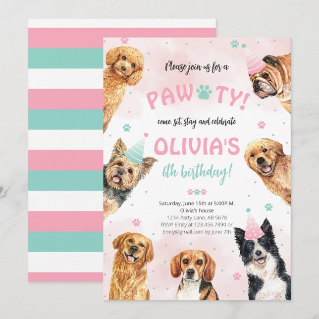 Invitation Chien Anniversaire Pawty (Devant / Derrière)
