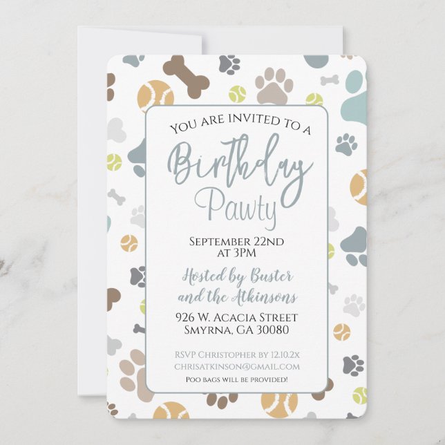 Invitation Chien Anniversaire Pawty Blue Party (Devant)