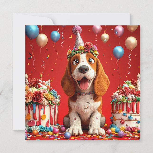 Invitation Chien Beagle Adorable Célébrant un Anniversaire (Devant)