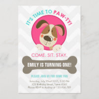 Invitation chien chiot chevron rose turquoise