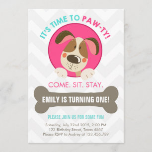 Invitation chien chiot chevron rose turquoise