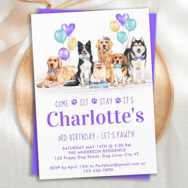 Invitation Chien chiot fête d'anniversaire Purple Girl (Créateur téléchargé)