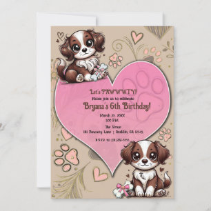 Invitation Chien chiot marron et blanc Cœur rose Fête d'anniv