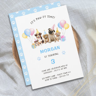 Invitation Chien chiot pawty Anniversaire Party Blue