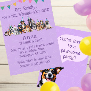 Invitation Chien chiot pourpre Anniversaire Paw ty