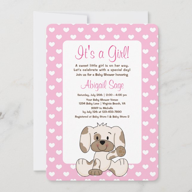 Invitation Chien coquelicot mignon et Coeurs Baby shower rose (Devant)