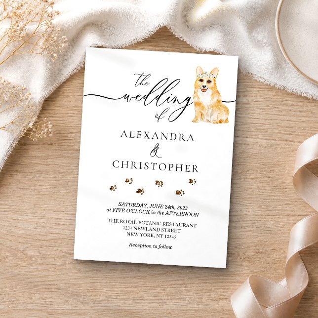 Invitation Chien corgi chiot Calligraphie de mariage (Créateur téléchargé)