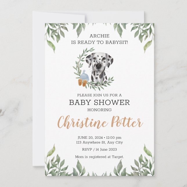 Invitation Chien dalmate Puppy Greenery Boho Baby shower (Devant)