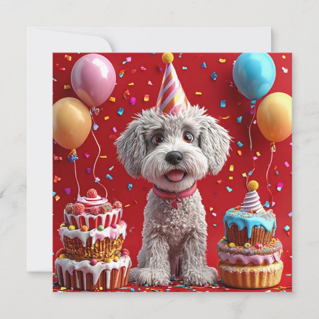 Invitation Chien d'anniversaire avec gâteau et ballons (Devant)