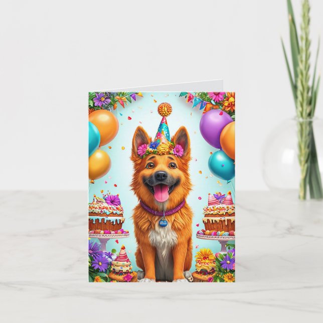 Invitation Chien d'anniversaire avec gâteau et ballons (Devant)