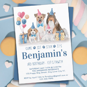 Invitation Chien de fête Chien Bleu Garçon Anniversaire Pawty