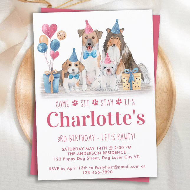 Invitation Chien de fête Chien rose Fille Anniversaire Pawty (Créateur téléchargé)