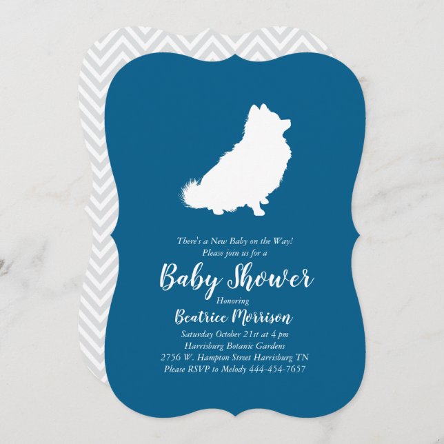Invitation Chien de Poméranie Baby shower Blue Boy (Devant / Derrière)