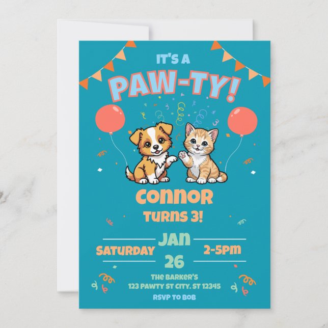 Invitation Chien et chat Anniversaire Paw-ty (Devant)
