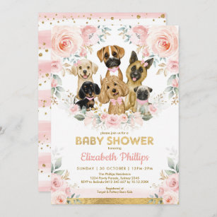 Invitation Chien Fille Baby shower Blush Rose Floral Puppies